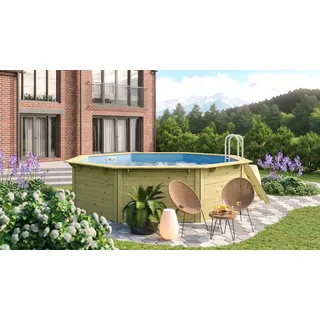 CHILLROI   Achteckiger Massivholzpool, 427,5 x 427,5 x 124 cm, Modell 1 X Folie blau   Inkl. Zubehör und Pool Leitern