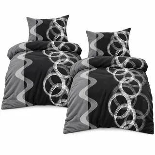 Tiptop Home Leonado-Vicenti Fleece Bettwäsche 135x200 cm 80x80 cm 4teilig Kreise Ringe Schwarz Warme Garnitur Winter Set Bezug Kissen mit Reißverschluss
