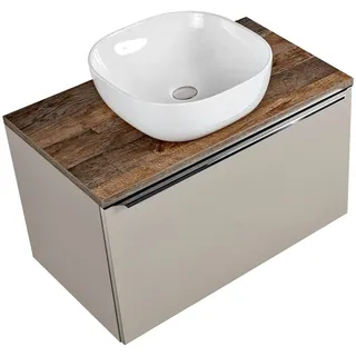 Lomadox Badmöbel Waschtisch-Unterschrank Set 80cm, Taupe mit Vintage Oak Eiche, 40cm Keramik-Waschbecken, 2 Softclose-Schubkästen, B/H/T 80,4/63,5/46 cm