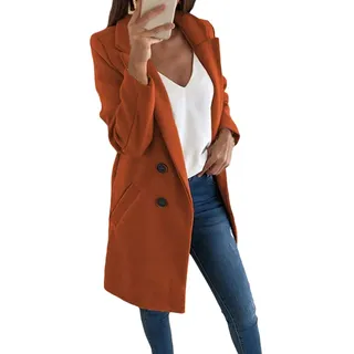 Onsoyours Damen Blazer Winter Mantel Elegant Warm Wintermantel Steppmantel Knopf Klassische Vintage Zweireihig Revers Schlack Slim Fit Trenchcoat mit Taschen Kaffee 34 - 34
