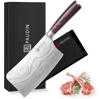 PAUDIN 18cm Hackmesser 5Cr15MoV chinesisches Küchenbeil Holzgriff | Starke breite Klinge zum Hacken von Knochen, Schneiden von Fleisch, Gemüse und Fisch