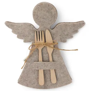 MIJOMA Besteckhalter Engel 4er Set aus Filz – Tischdeko Weihnachten – Platz für Besteck – 20x22 cm – Jute-Kordel – Dekorativer Besteckhalter für festliche Tafel (Hellbraun)