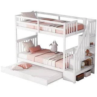 Gotagee Etagenbett Kinderbett Holzbett Treppenregal ausgestattet mit Rollbett Weiß