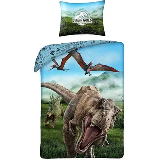 Halantex Bettwäsche aus 100% Baumwolle, Original Jurassic World Dinosaurier, T-Rex, Bettbezug 140 x 200 cm + Kissenbezug 70 x 90 cm