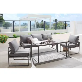 Ambia Garden Dining-Loungeset, Anthrazit, Grau, Schwarz, Metall, Glas, Textil, 4-teilig, Füllung: Schaumstoff,Polyester, eckig, 317x67x139 cm, Tisch mit Glasplatte, Loungemöbel, Loungemöbel-Sets