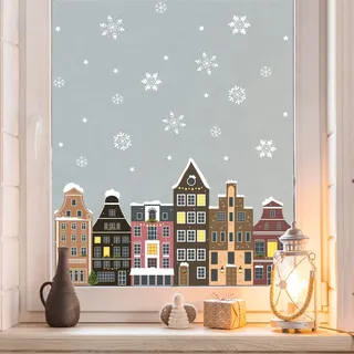 Sichtschutzfolie Weihnachten Winter Fenster Küche Winterstadt Giebelhäuser wiederverwendbare Fensterfolie Weihnachtsdeko, 100 cm hoch, 90 cm breit