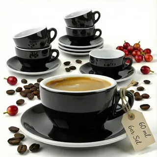 Muvell 6x Espressotassen á 60 ml | Schwarz | Italian Style | extra dickwandig mit 0,8 cm & schwere Ausführung | Set mit Untertassen - Geschenkset