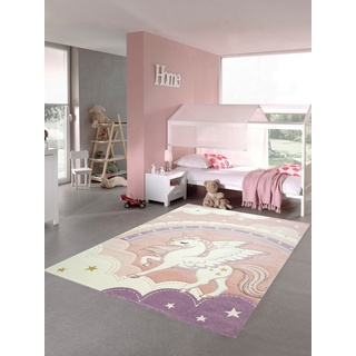 Kinderteppich Kinderzimmer Teppich Spielteppich Einhorn Regenbogen Wolken Himmel creme rosa, Teppich-Traum, rechteckig, Höhe: 13 mm rosa rechteckig - 140 cm x 200 cm x 13 mm