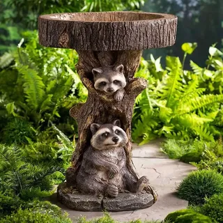YAMSLAM Harz-Waschbär-Vogeltränke, antiker Garten, Vogeltränke, Baumschalenständer, Vogelfutterstation, Springbrunnen, Rasen, Hof, Statuen, Dekoration