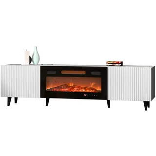 Mirjan24 TV Lowboard Fusbo 180 mit Elektrischem Kamin, Fernsehschrank, Fernsehtisch, Unterschrank, Realistische LED-Flamme, Board, Schrank, TV-Bank (Weiß)