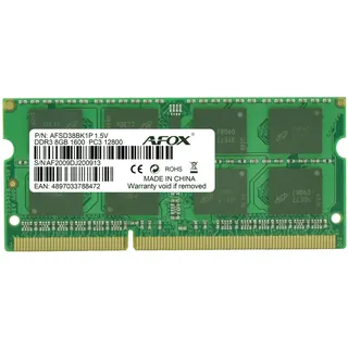 AFOX AFSD38BK1P Speichermodul 8 GB 1 x 8 GB DDR3 1600MHz SO-DIMM Single-Channel Schwarz