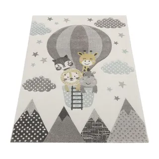 Paco Home Kinderzimmer Teppich Blau Grau Heißluftballon Wolken Tiere 3-d Design Pastell 140x200 cm,