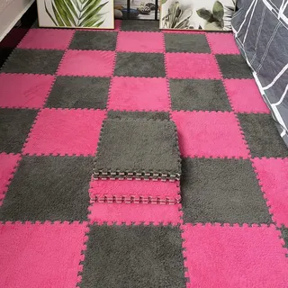 12x12 Zoll Ineinandergreifende Teppichfliesen, 18 Stück Puzzle-Plüschschaum-Bodenmatte, Teppich Zum Schutz des Bodens, Wohnzimmer, Schlafzimmer(Color:Rosenrot+Dunkelgrau)