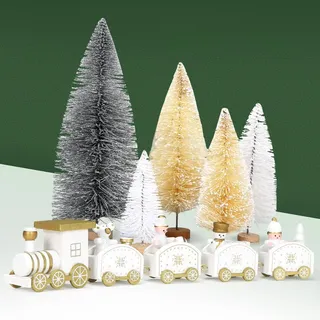 Cadimus Weißer Weihnachtszug aus Holz,6 Stück Weihnachten Tischdeko,Mini Tannenbaum,Weihnachten Zug Deko,Tisch Geschenke für Neujahr,Weihnachtsbaum Schneemann weihnachtsdeko Geschenke