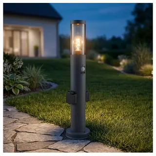 GLOBO LIGHTING LED Außen-Stehlampe, Leuchtmittel inklusive, Warmweiß, LED Sockelleuchte mit Steckdose und Bewegungsmelder Außen Stehleuchte
