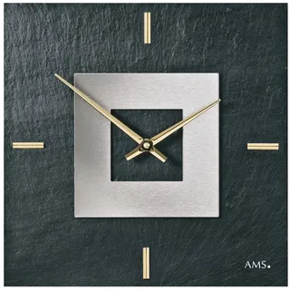 AMS Wanduhr W9525 (Made in Germany,Schiefer,Wohnzimmer,Esszimmer,Küche,Arbeitszimmer) schwarz|silberfarben
