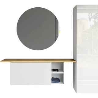 Garderoben-Set BORCHARDT MÖBEL "Toledo, moderne Garderobe mit Spiegel, Schminktisch mit Regalfächern", weiß, matt, weiß, glänzend, wotan, eiche, B:152cm H:140cm T:30cm, Holzwerkstoff, Metall, Spiegelglas, Kastenmöbel-Sets, 152x140cm (BxH), viel Stauraum, Set mit Spiegel, viele Einlegeböden