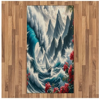 Teppich Flachgewebe Deko-Teppiche für das Wohn-,Schlaf-, und Essenszimmer, Abakuhaus, rechteckig, Nautisch Segelboot Wellen Exotisches Meer Blumen blau|rosa