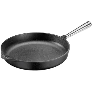 Dekomiro Bratpfanne Guss Pfanne SK-0005 mit Edelstahlgriff - Skeppshult - 28 cm, Gusseisen (Set, 1-tlg., 1 Gusspfanne mit Reinignugsbürste), edelstahl Griff, alle Herdarten, Induktion, Gas, Backofen, Grill schwarz