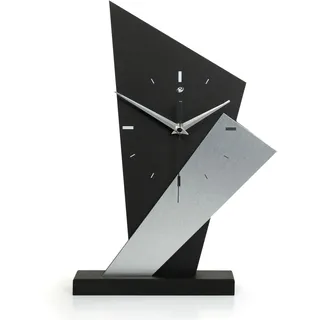 Kreative Feder Designer-Standuhr „Square“ aus Holz – Schwarze Tischuhr in modernem Look ohne Ticken (Silver Square, leises Funkuhrwerk)