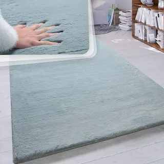 Paco Home Hochflor Teppich Wohnzimmer Schlafzimmer Shaggy Modern Flauschiger Fellteppich Weich Fell Imitat Kunstfell Einfarbig, Grösse:140x200 cm, Farbe:Türkis