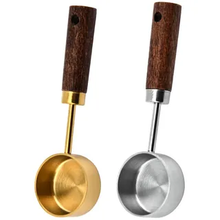 TOZBLEU Kaffee Messlöffel,2 pcs Retro Kaffeelöffel Edelstahl Kaffee-Messlöffel mit Walnussgriff 15 ml, Küchenmesslöffel für Kaffee,Kaffeebohnen Schaufel, Kaffelöffel Löffel, Zuckerlöffel,Gold + Silber