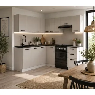 ULWEHOME | Eckküche 300 cm Kaschmir, L-Küche Küchenmöbel-Set Beige mit Eckschrank, Hängeschränken & geteilten Arbeitsplatten 160 cm - Beige