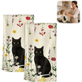 UZYXC 2 Stück Mikrofasergeschirrtücher – Super Saugfähige & Weiche Küchenhandtücher 45x66cm mit Katzen & Blumenmotiv – Für Küche, Haushalt, als Ästhetische Deko