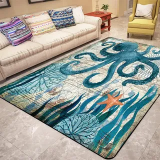Dolphin Turtle Octopus 3D Ocean Teppiche Großes Wohnzimmer Teppich Schlafzimmer Kinderzimmer Rutschfeste Blaue Meerestiere Fußmatten für Küchenspüle,Krabbelmatte für Kinder (Blau 4,140 x 200 cm)