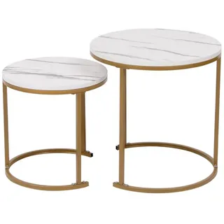 Happy Home Satztisch Couchtisch Beistelltisch 2tlg. HWT51-WEI Marmor Weiß Dekor Gestell Gold
