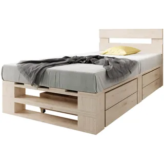 Lermowood Palettenbett M2 aus Holz 100 x 200 cm Natur mit Kopfteil und 2 Bettkästen Holzbett 40cm Stabiles Seniorenbett Kinderbett Jugendbett Gästebett erhöhtes Bettgestell Futon Komforthöhe Naturholz