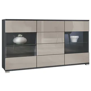 Vladon Sideboard Bari V1 (Kommode mit 2 Türen, 4 Schubladen und 2 flexible Glaseinlegeböden), Anthrazit matt/Sandgrau Hochglanz (138,5 x 75,5 x 35) grau