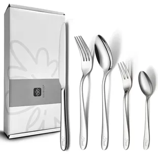 EIUBUIE Individuell graviertes Besteckset, Personalisierbares Besteck set | 5 Stück, Edelstahl Besteck, Gravur, Spülmaschinenfest, Geschenk für Hochzeit/Geburtstag, Essbesteck mit Messer Gabel Löffel