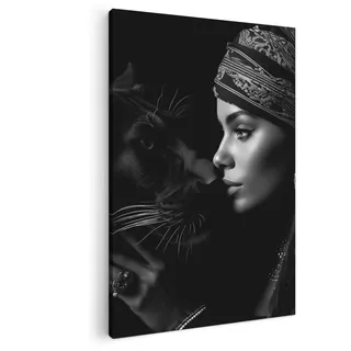 MuchoWow© Wandbilder Groß XXL Schlafzimmer Home Deko Wohnung Bild | 80x120 cm - Wohnzimmer Fotoleinwand Wand Bilder Leinwand Wall Decor Frau - Panther - Tiere - Schwarz und weiß - Porträt