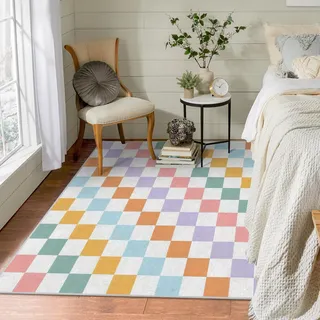 Buyluhn Waschbarer Teppich Bunt Kariert 120x200 - Kurzflor für Wohnzimmer, Schlafzimmer - Schachbrett Dünn Bettvorleger Saugfähig für Jugendzimmer Jungen Mädchen