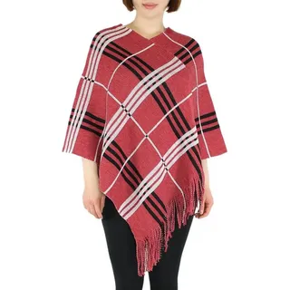 dy_mode Strickponcho Damen Strick Poncho Kariert Fransenponcho Überwurf Cape Pullover in Karo Muster, mit Fransen rot