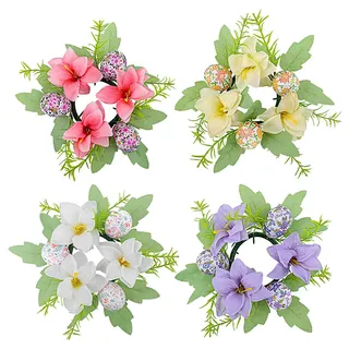4 Stück Kerzenring Blumen Ostereier Kerzenringe, Osterkerzenringe Kränze, Ostern Blumenkranz Deko, Kerzenringe Für Stabkerzen Blumen, Künstliche RoseKerzenkranz Für Ostern Frühling,Tische, Frühling