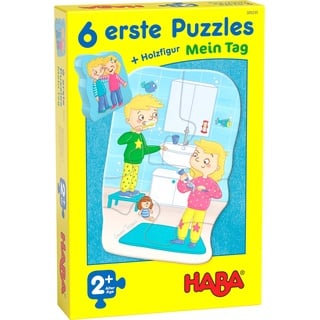 HABA 305235 - 6 erste Puzzles – Mein Tag, Puzzle ab 2 Jahren mit extragroßen Teilen und Holzfigur zum freien Spielen