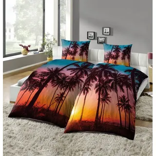 KiNZLER Partnerbettwäsche Partnerbettwäsche 4-teilig "Palme", Microfaser, 4 teilig, pflegeleicht, mit Motiv bunt