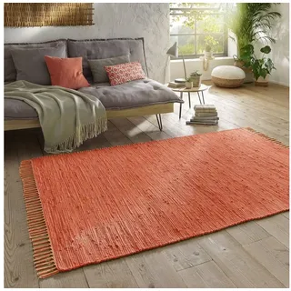 TaraCarpet Teppich Flickenteppich TaraCarpet Sylt mit Fransen, rechteckig, Höhe: 5 mm, Wohnzimmer Schlafzimmer Küchenteppich terracotta 140x200 orange 140 cm x 200 cm x 5 mm