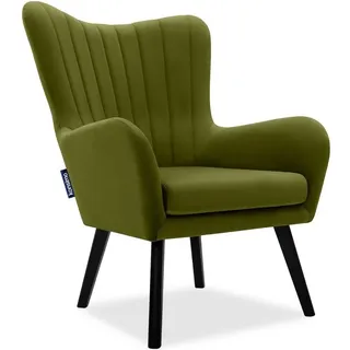 KONSIMO® Ohrensessel GADI, Velourstoff, PUR-Schaum im Sitz, Schwarz lackierte Holzbeine grün