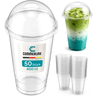 Commerline Smoothie Becher, 400 ml, 50 Stück, Slush Becher mit Domdeckel