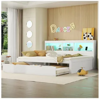 Merax Daybett 140x200cm mit Ausziehbett 90x190cm, Schlafsofa Tagesbett mit LED- Beleuchtung und Staufach weiß