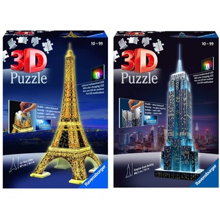 Ravensburger 125791 Eiffelturm bei Nacht Puzzle 3D-Puzzle Bauwerk Night Edition, 216 Teile & 12566 1 Empire State Building bei Nacht Night Edition 3D-Puzzle Bauwerke, 216 Teile