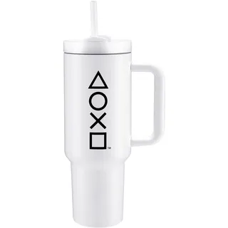 Pyramid International Offizieller PlayStation Becher mit Strohhalm und Deckel, doppelwandig, vakuumisoliert, kalt für 11 Stunden, heiß für 7 Stunden, BPA-frei