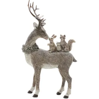 Dekohelden24 Hirschdeko, Deko-Rentier, Deko-Hirsch, Hirsch mit Geweih und 3 Eichhörnchen auf dem Rücken aus Keramik in grau, L/B/H ca. 16 x 5 x 26 cm.