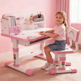 ilkqeppe Schreibtisch Kinder, Kinderschreibtisch Höhenverstellbar, Kinder Schreibtischstuhl mit Bücherregal und Schublade für Schlafzimmer und Arbeitszimmer (Rosa-c)