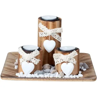Geschenkestadl Teelichthalter Set Holz Tablett Herz Deko Kerzen Arrangement Landhaus (21,5 x 21,5 cm)