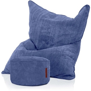 Green Bean Sitzsack Square Cord + Pouf (Sitzsack + Pouf im Set - XXL Riesensitzsack mit passenden Fußhocker, EPS Füllung), Bean Bag Bodenkissen Liegekissen Sitzkissen Indoor Drinnen Waschbar blau