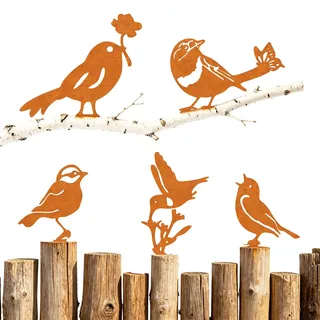 5er Metall Vogel Gartendeko Rost für Draußen Gartenstecker mit Schmetterlinge,Wetterfest Rostdeko Gartendeko Baumstecker Vögel Deko Roststecker Bird für Garten Bäume Pfähle Zaundeko Blumentöpfe
